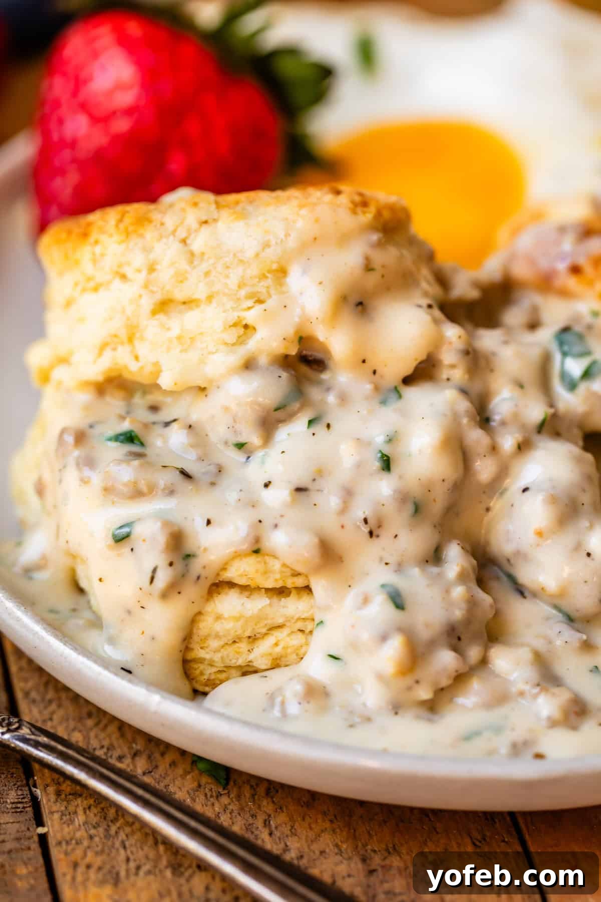 Fluffy Biscuits, Savory Gravy 4 Biscuits, gravy, and strawberries on a ceramic dinner plate on a wood table next to a fork.