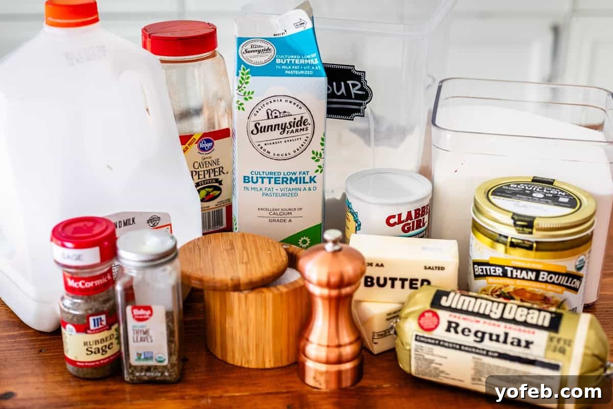 Fluffy Biscuits, Savory Gravy 6 ingredients for biscuits and gravy like sausage, flour, milk, butter, and seasonings.