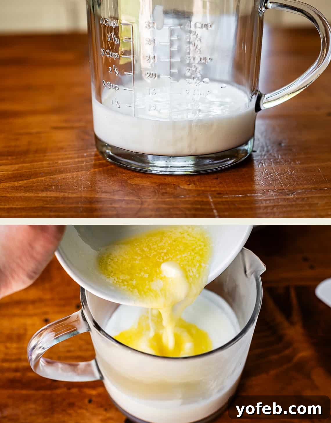 Fluffy Biscuits, Savory Gravy 7 top: buttermilk in a glass measuring cup, bottom: pouring melted butter from bowl to measuring glass.