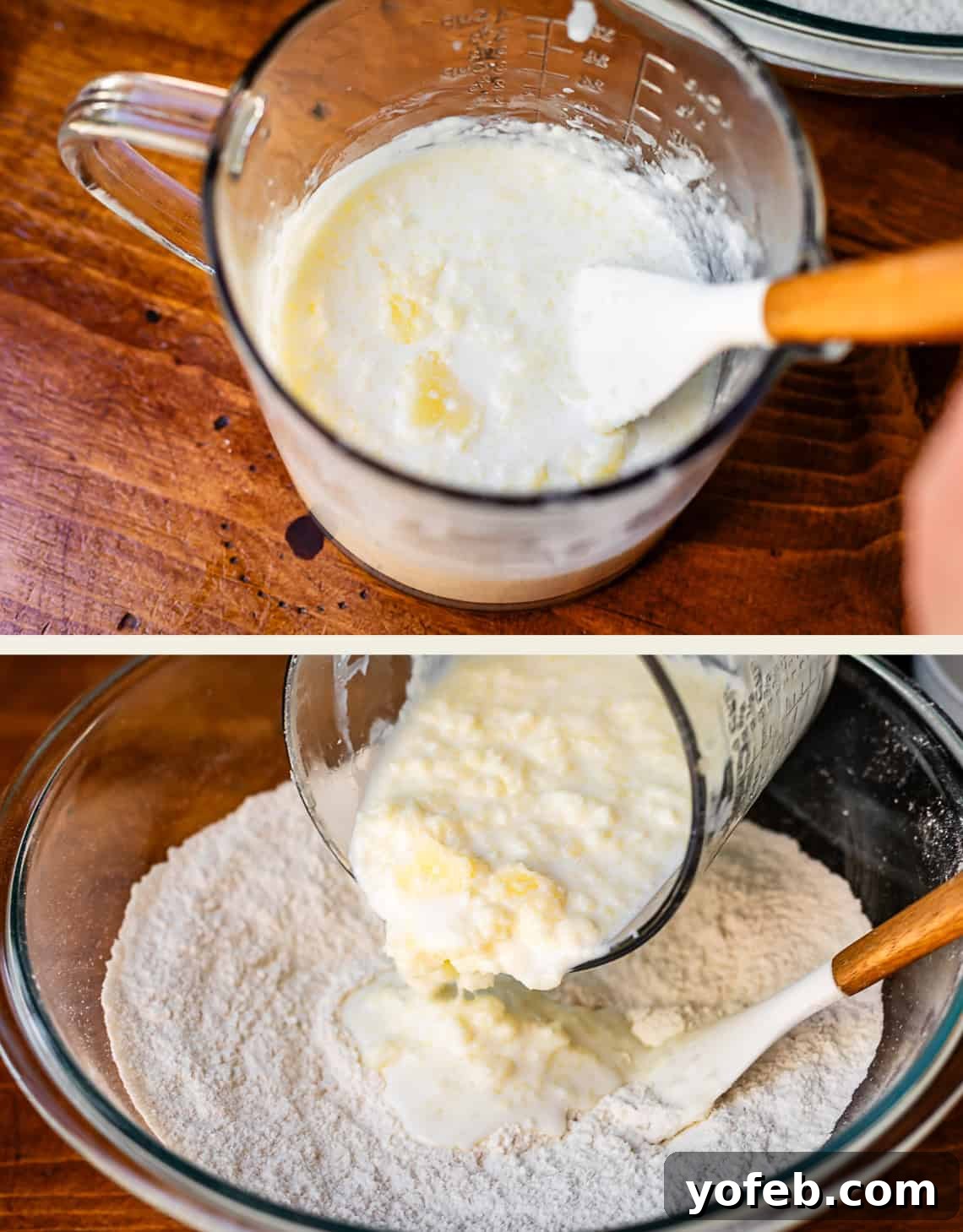 Fluffy Biscuits, Savory Gravy 8 top: milk and butter in glass measuring cup, bottom: pouring mixture into dry ingredients.