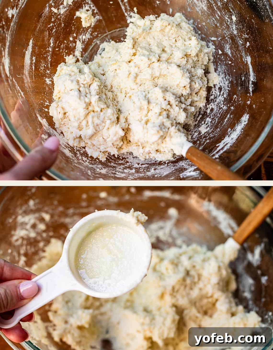 Fluffy Biscuits, Savory Gravy 9 top: finished biscuit dough in a glass mixing bowl, bottom: greased measuring cup to scoop dough.