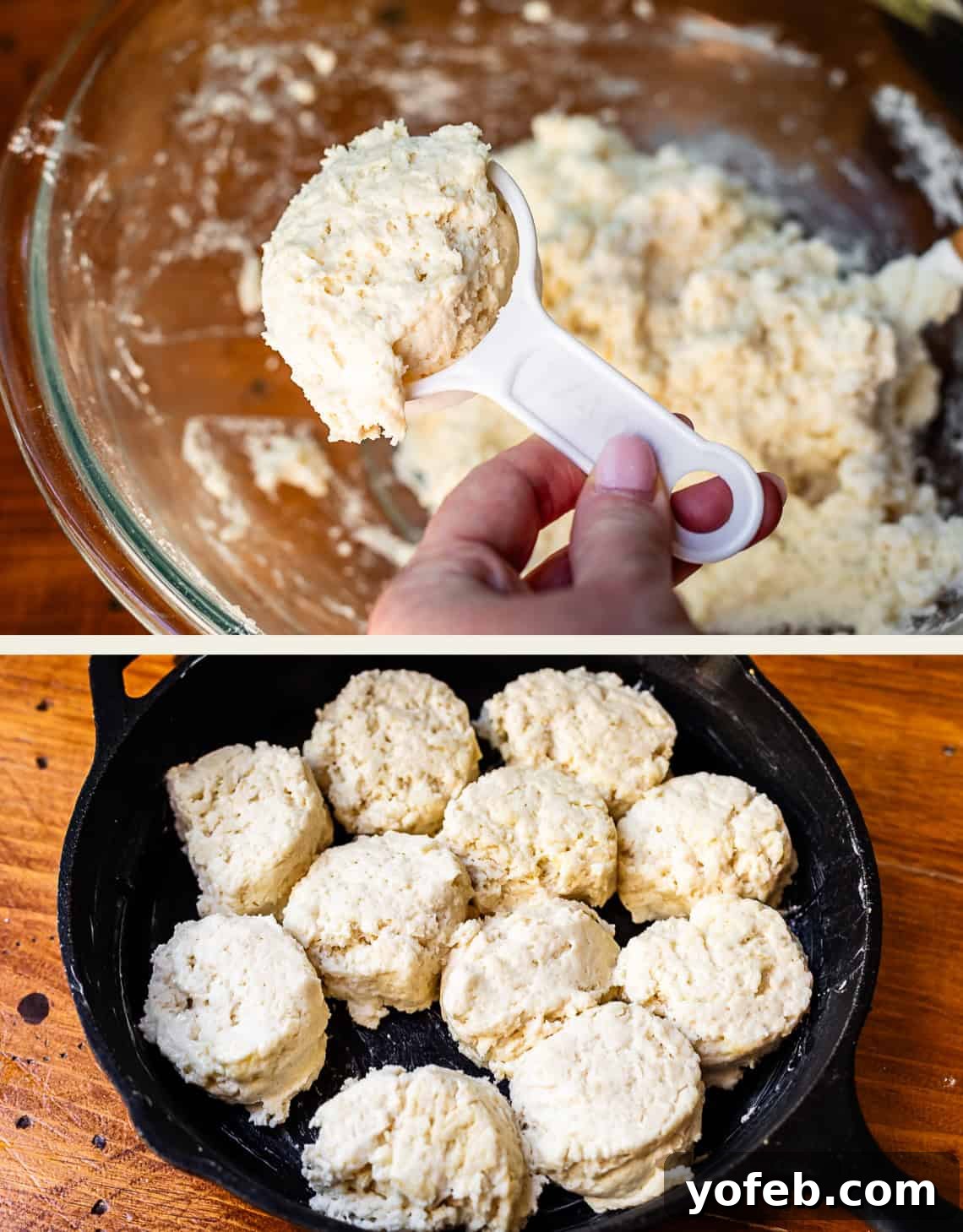 Fluffy Biscuits, Savory Gravy 10 top: 1/4 cup measuring cup with biscuit dough in it, bottom: biscuits added in cast iron skillet.
