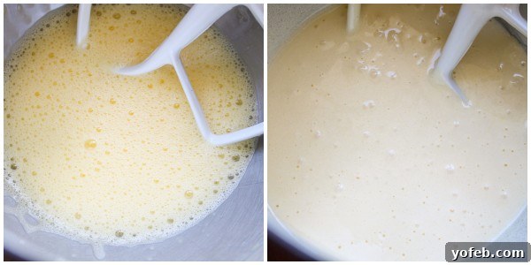 Custard Mixing Process Stages of mixing the custard: beaten eggs (left) and after adding flour (right).