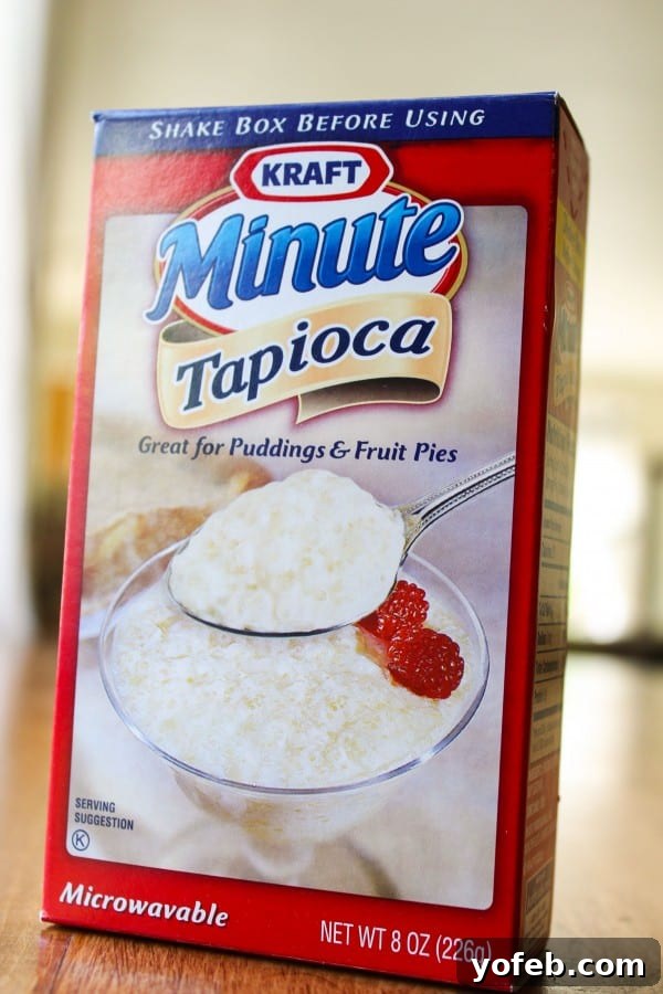 Instant Tapioca for Pie A box of Kraft Minute Tapioca, emphasizing its use as a thickening agent.