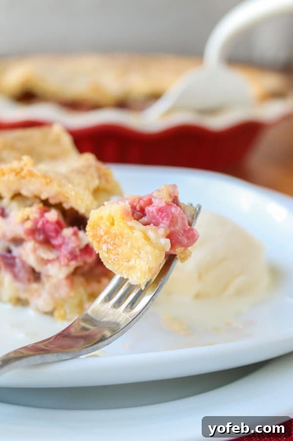 Rhubarb Custard Pie, Freshly Baked A close-up of a Rhubarb Custard Pie slice with a dollop of vanilla ice cream, emphasizing the textures and fresh ingredients.