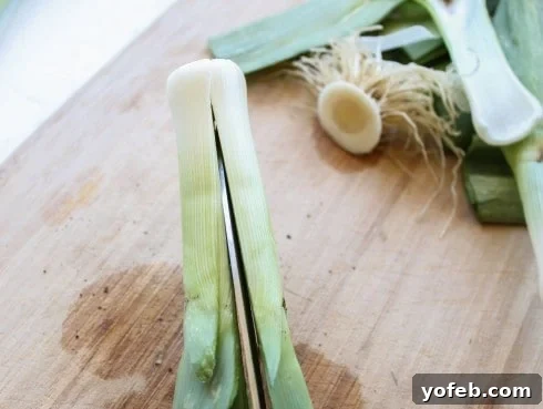 Partially sliced leek with root intact for easy washing