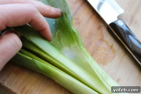 Washing leek layers under running water