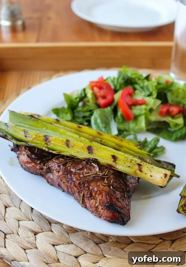 Close-up of Finished Grilled Leeks on a Platter
