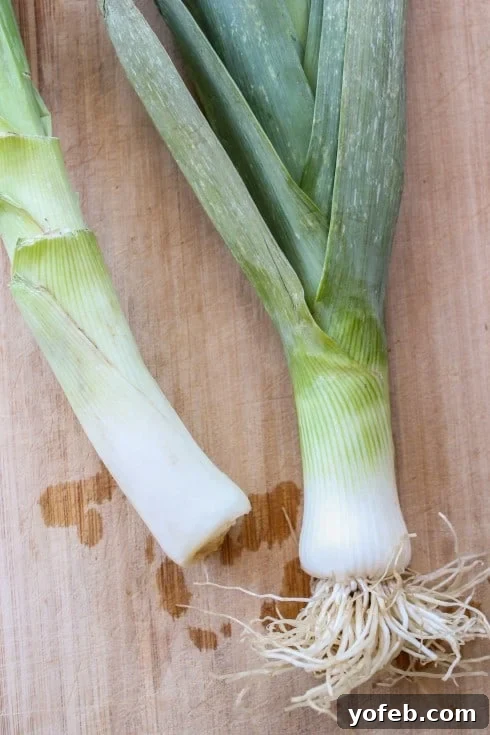 Choosing fresh leeks: look for intact roots and firm leaves