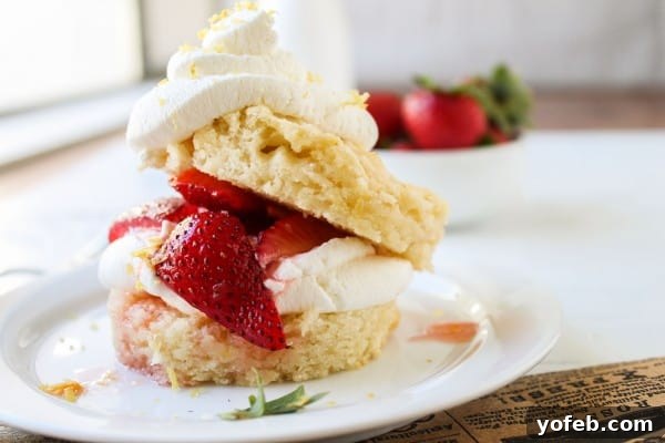 Lemon Berry Bliss 3 Stack of lemon shortcake with strawberry and lemon sauce