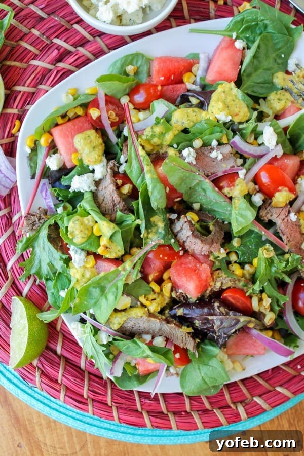 Grilled Steak and Watermelon Salad with Zesty Lime-Corn Vinaigrette 2 Vibrant Watermelon and Lime-Steak Salad with Roasted Corn Vinaigrette