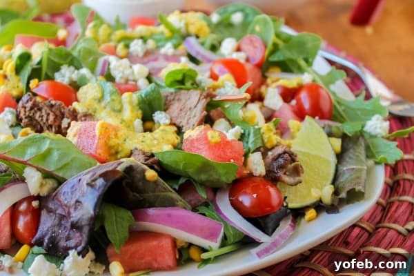 Grilled Steak and Watermelon Salad with Zesty Lime-Corn Vinaigrette 7 Refreshing Watermelon and Lime-Steak Salad plated beautifully