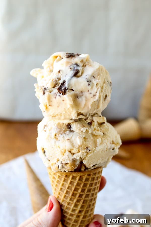 Nutella-Swirled Vanilla Ice Cream with Peanut Butter Cup Chunks 3 Close-up of creamy Nutella Swirled Vanilla Ice Cream with peanut butter chunks