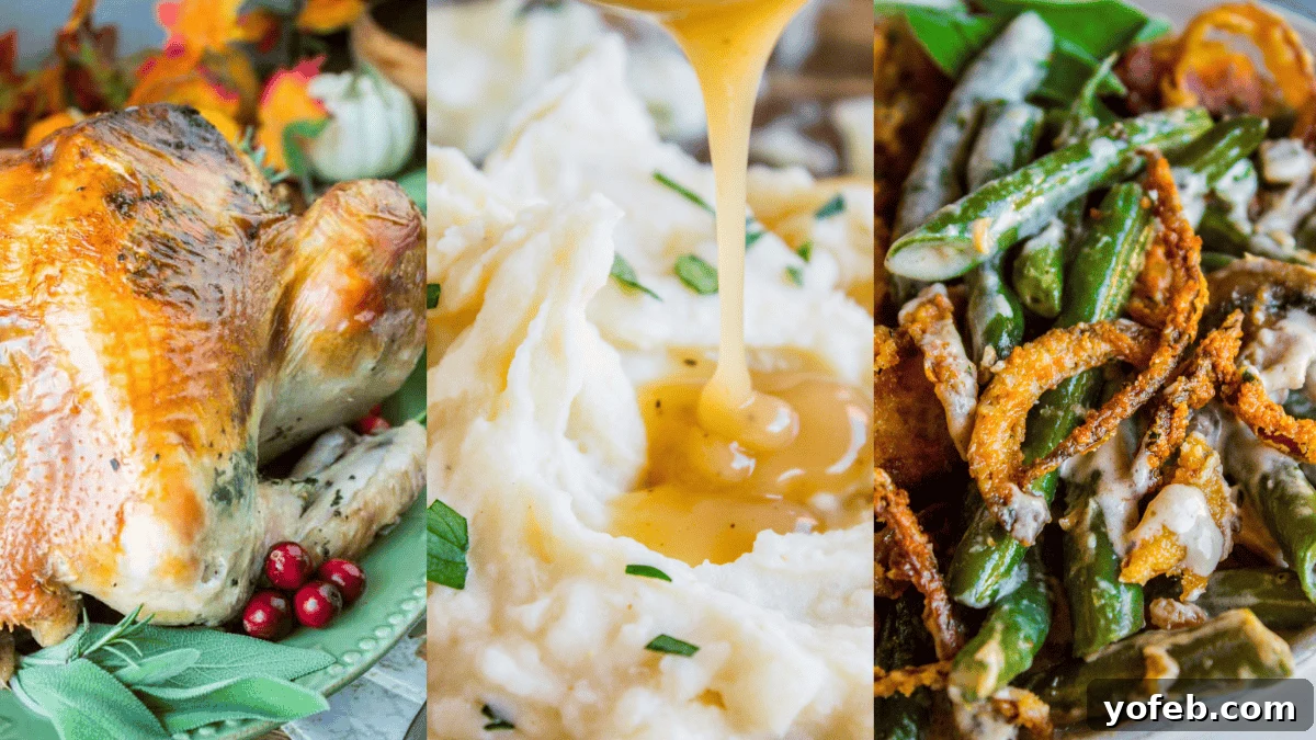 A roasted turkey with herbs and cranberries, creamy mashed potatoes topped with gravy, and green bean casserole with crispy onions, all arranged in a festive holiday presentation.