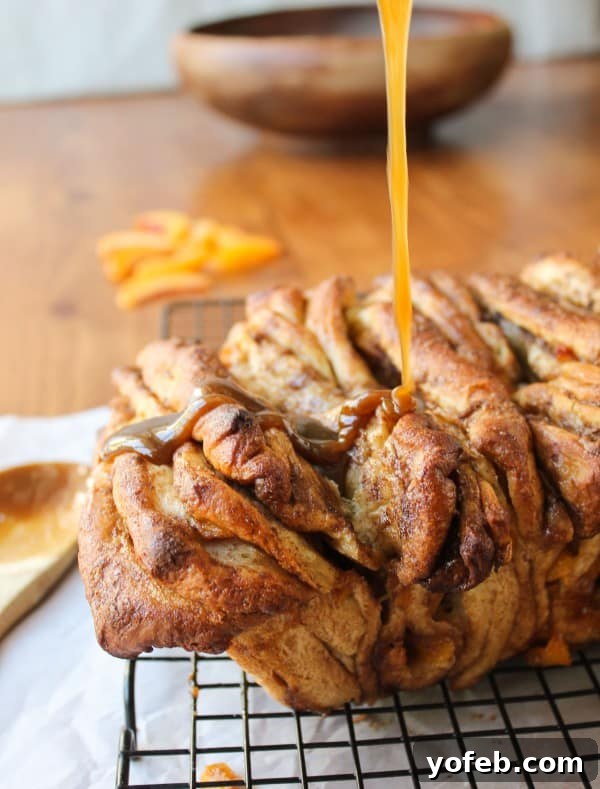 Golden Peach Pull-Apart Bread with Sticky Caramel 10 Peach Pull-Apart Bread with Caramel Sauce Drizzle