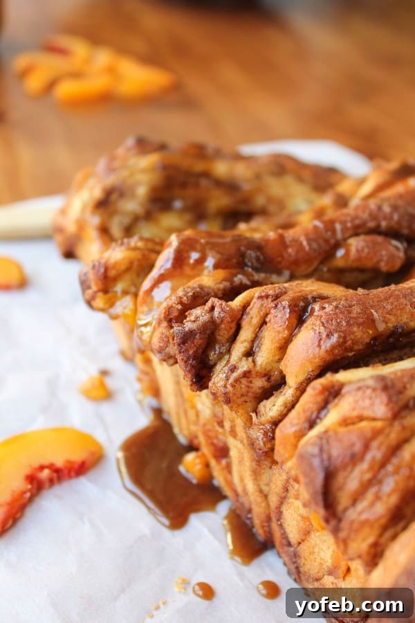 Golden Peach Pull-Apart Bread with Sticky Caramel 6 Peach Pull-Apart Bread with Caramel Sauce