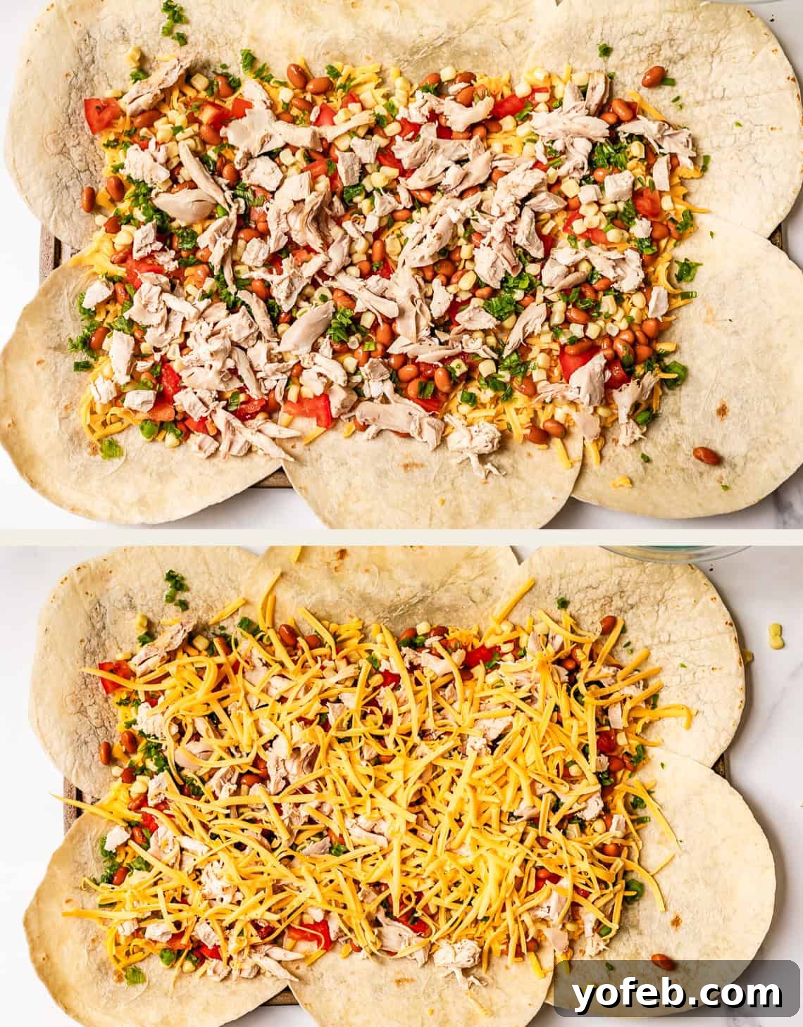 Crispy Sheet Pan Chicken Quesadillas 11 Two images show a baking dish lined with overlapping tortillas, topped with shredded chicken, beans, corn, and diced veggies. The second image adds a generous layer of shredded cheddar cheese on top.
