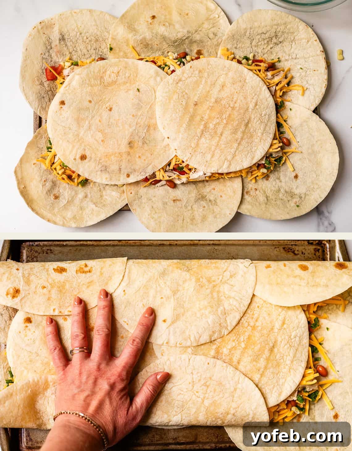 Crispy Sheet Pan Chicken Quesadillas 12 Two photos show a tortilla wrap bake in progress: overlapping tortillas cover a filling on a baking sheet, with a hand folding the edges to enclose the filling before baking.