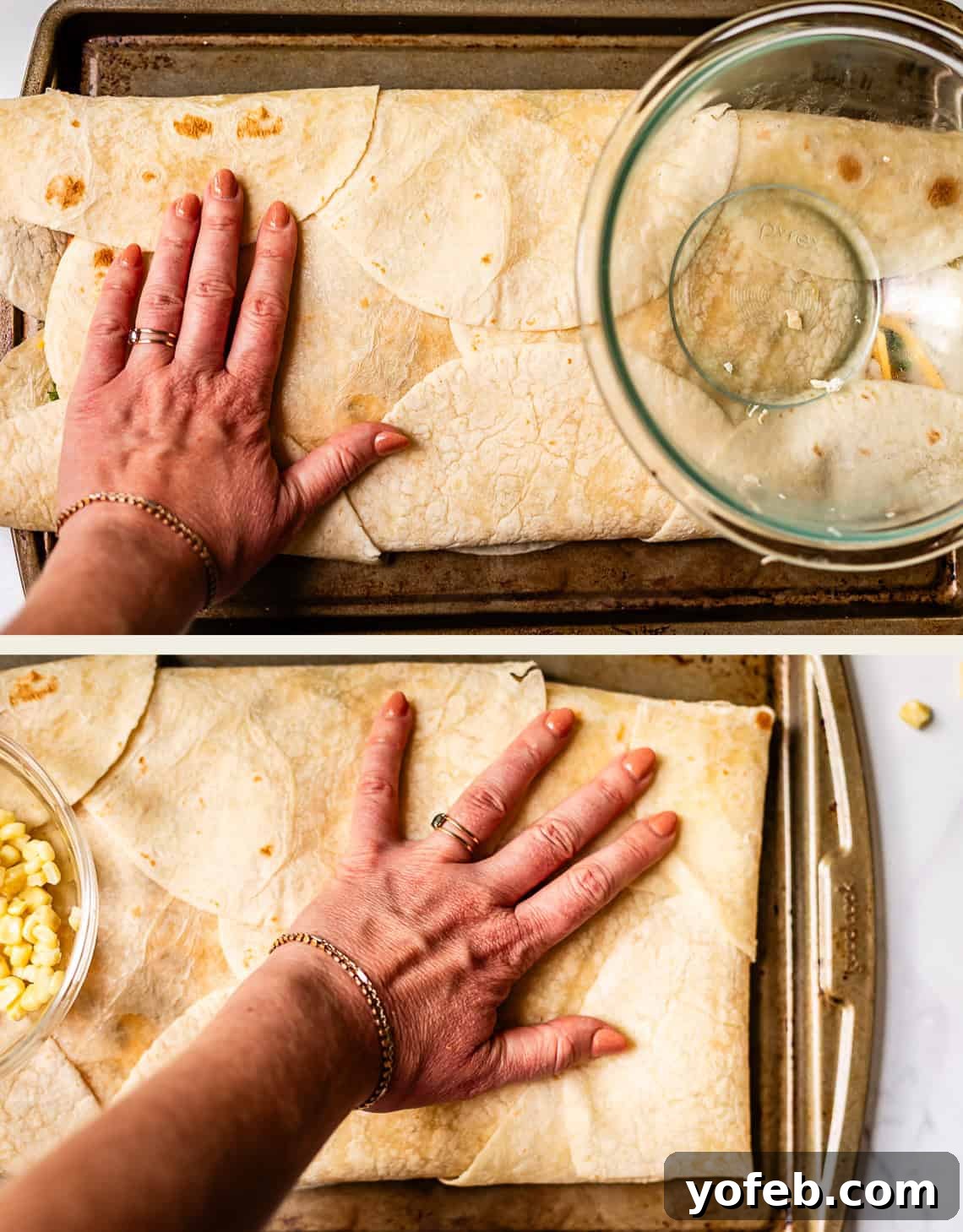 Crispy Sheet Pan Chicken Quesadillas 13 Two images show a hand pressing down on a large rectangle of layered tortillas on a baking sheet, with a glass bowl and some corn visible nearby on a white surface.