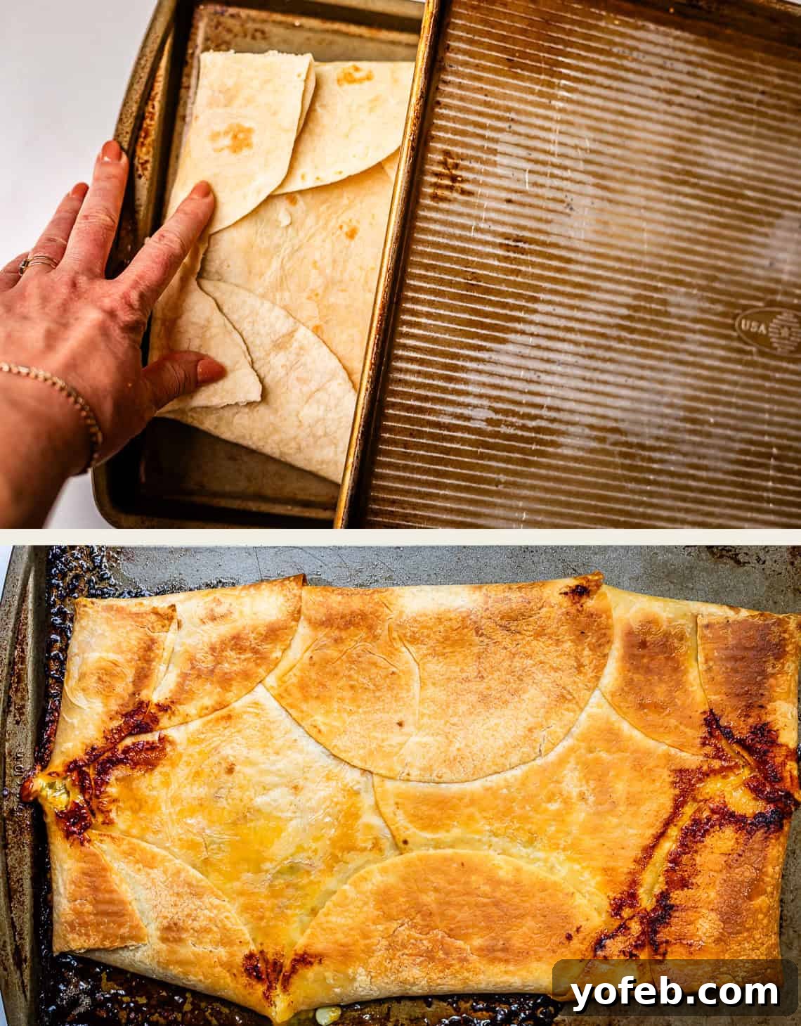 Crispy Sheet Pan Chicken Quesadillas 14 Top: A hand presses tortilla pieces onto a baking sheet, covering it. Bottom: Baked, golden brown tortillas form a solid crust on the pan, with melted cheese and browned spots visible.
