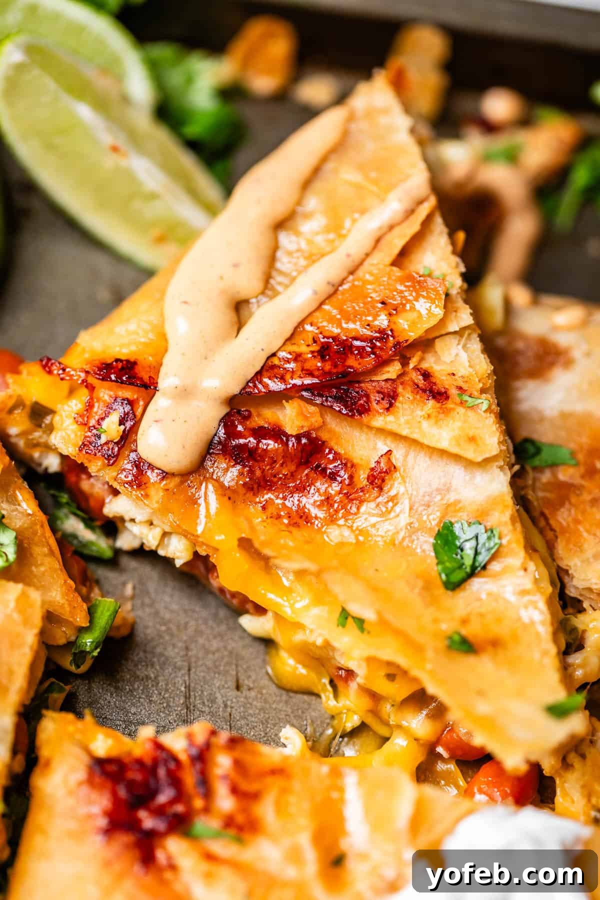 Crispy Sheet Pan Chicken Quesadillas 19 Close-up of a cheesy quesadilla slice topped with a creamy sauce, garnished with chopped herbs.