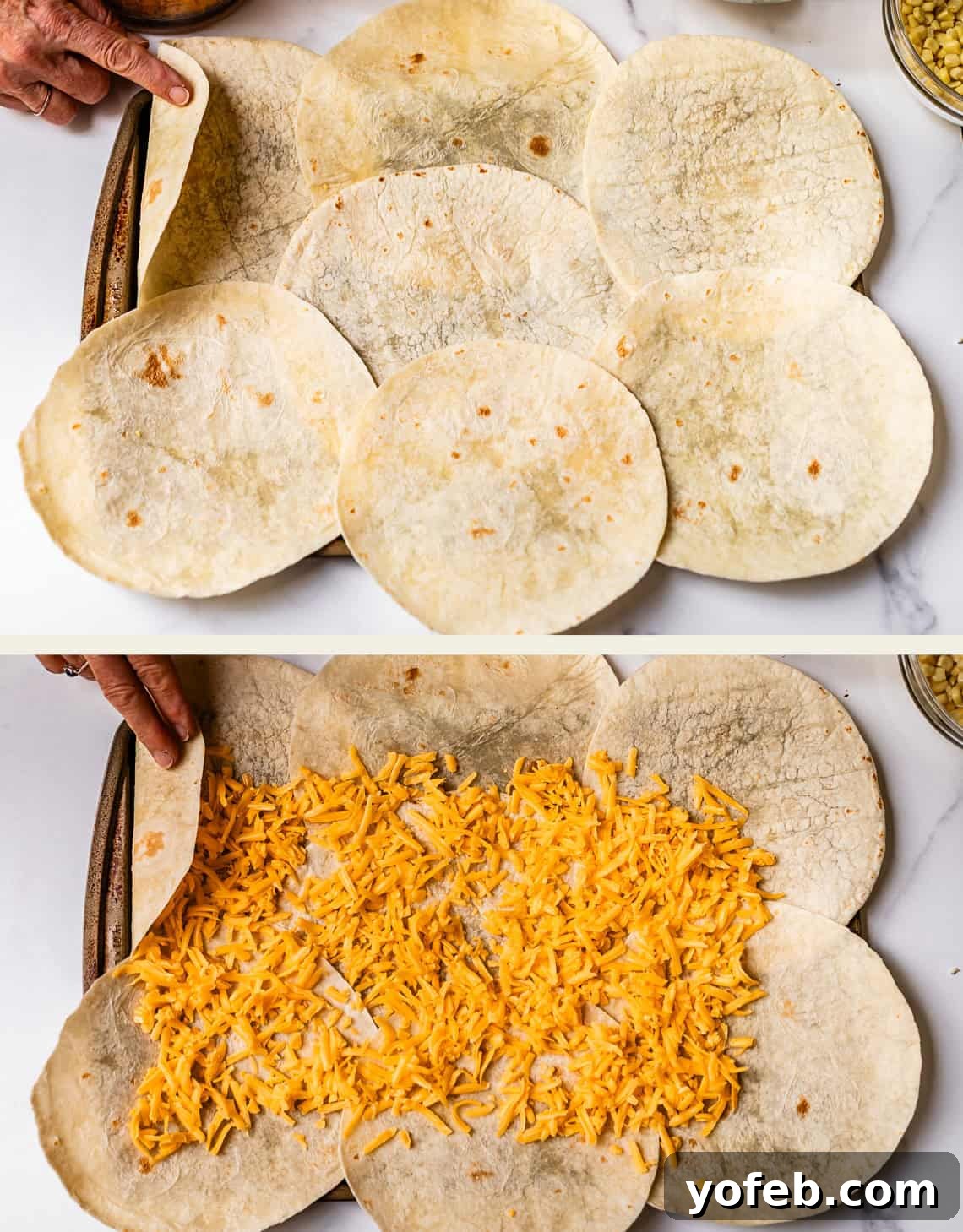 Crispy Sheet Pan Chicken Quesadillas 8 Two images: The top shows a baking dish lined with overlapping flour tortillas. The bottom shows the same dish, now with a layer of shredded cheddar cheese covering the tortillas. A hand folds a tortilla edge over the cheese.