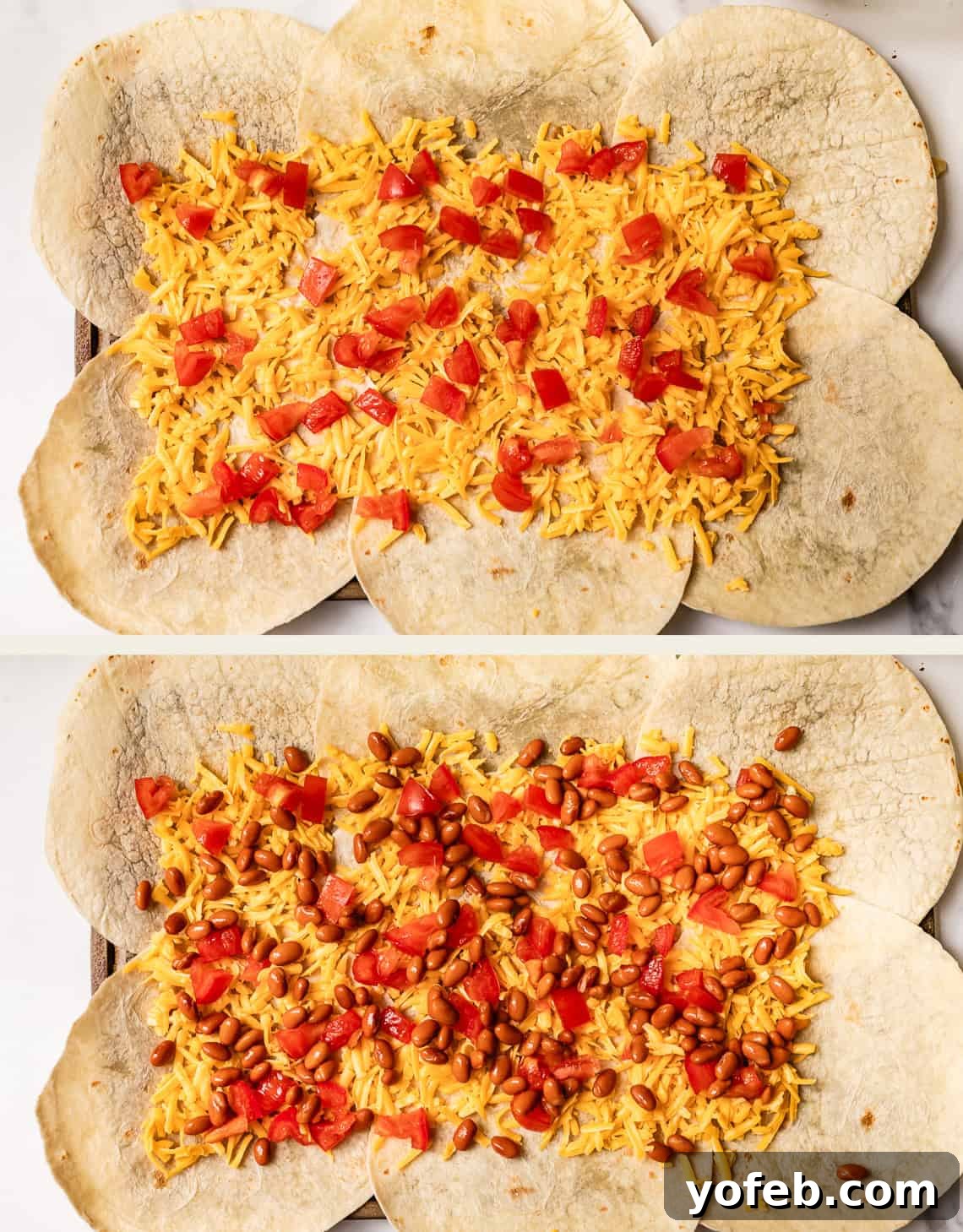 Crispy Sheet Pan Chicken Quesadillas 9 Two images show a baking dish lined with overlapping tortillas. The top image has shredded cheese and diced tomatoes on the tortillas; the bottom image adds pinto beans on top of the cheese and tomatoes.