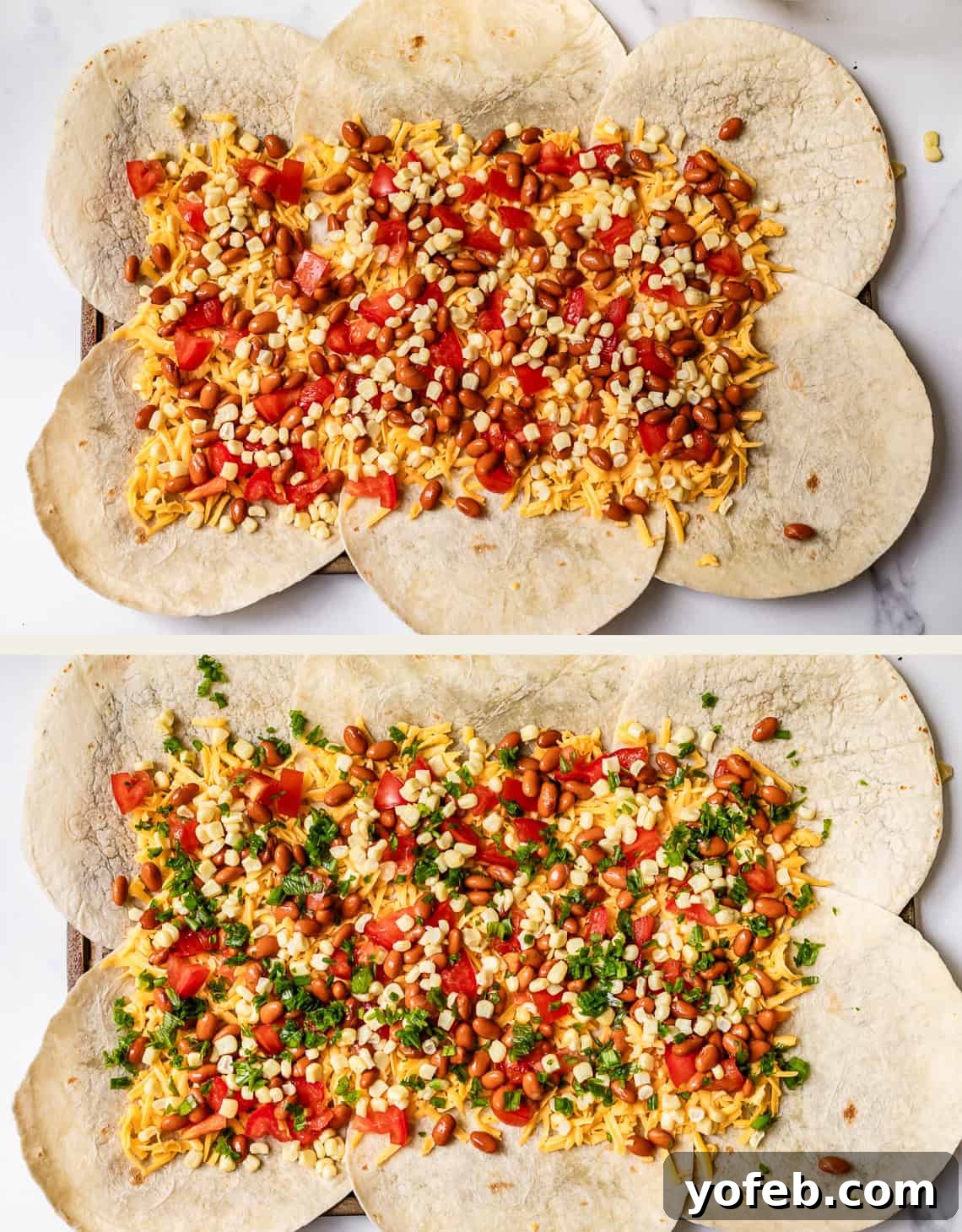 Crispy Sheet Pan Chicken Quesadillas 10 Two images of overlapping flour tortillas on a baking sheet, filled with shredded cheese, beans, corn, and diced tomatoes; the second image adds chopped cilantro and jalapeños on top.