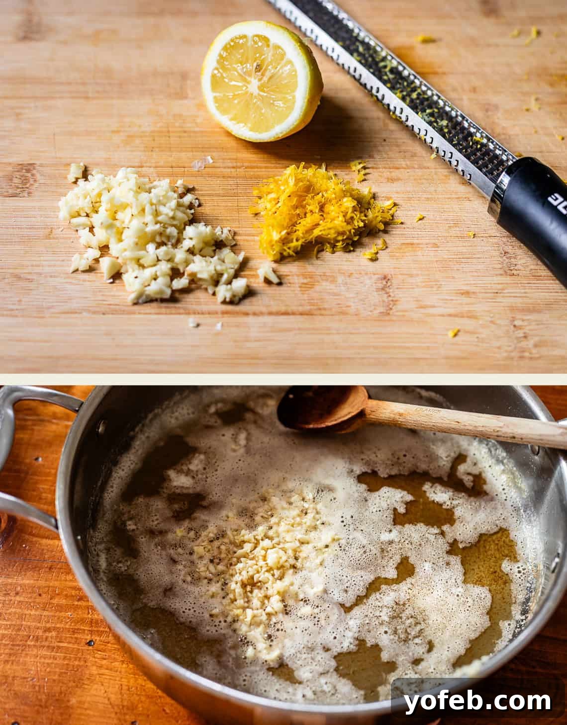 Butternut Bliss Tortellini 10 Chopped garlic, lemon zest, and half a lemon on a cutting board with a grater; below, garlic is sautéing in a pot of bubbling liquid with a wooden spoon nearby.