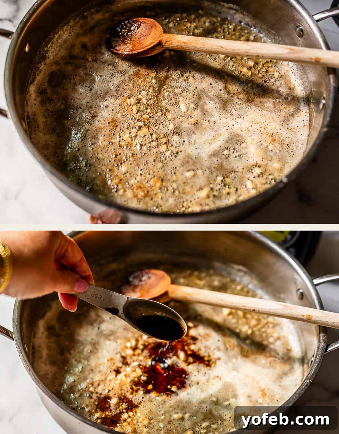Butternut Bliss Tortellini 11 Two images: A pot of simmering liquid with floating spices and garlic, being stirred with a wooden spoon. In the second image, a hand pours a dark liquid from a measuring spoon into the pot.