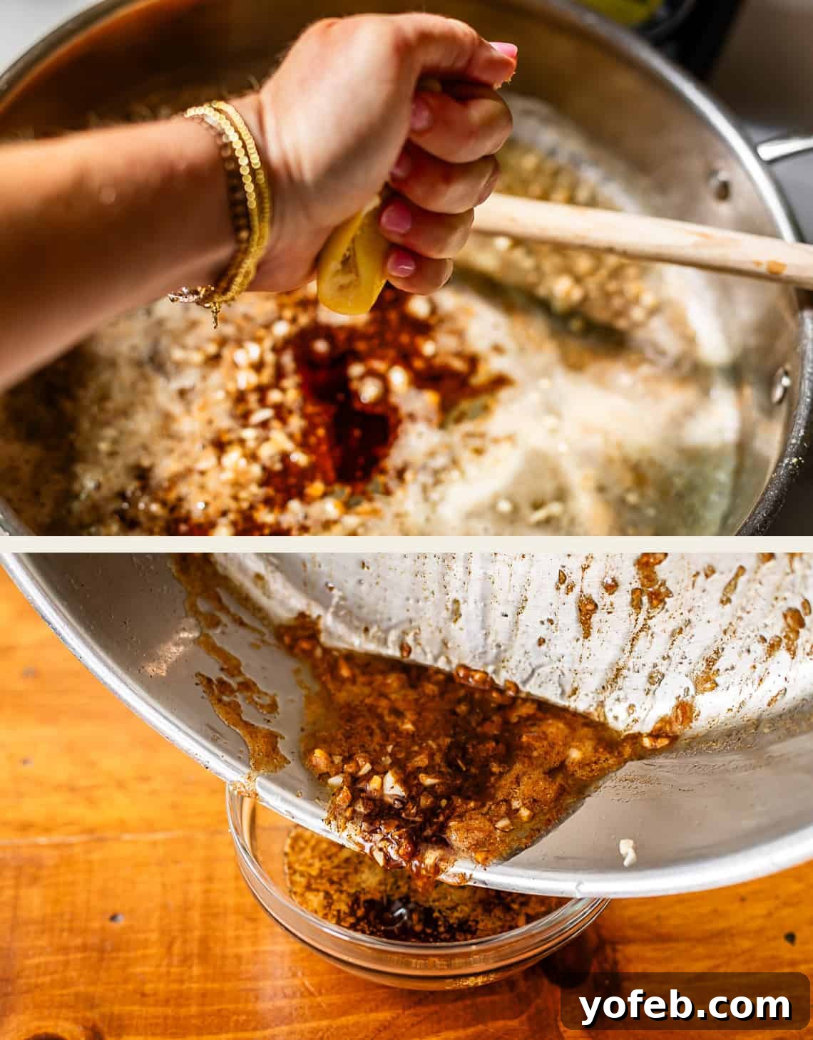 Butternut Bliss Tortellini 12 A hand squeezes a lemon over a pot with sautéed onions and spices (top); the mixture is being strained into a bowl (bottom).