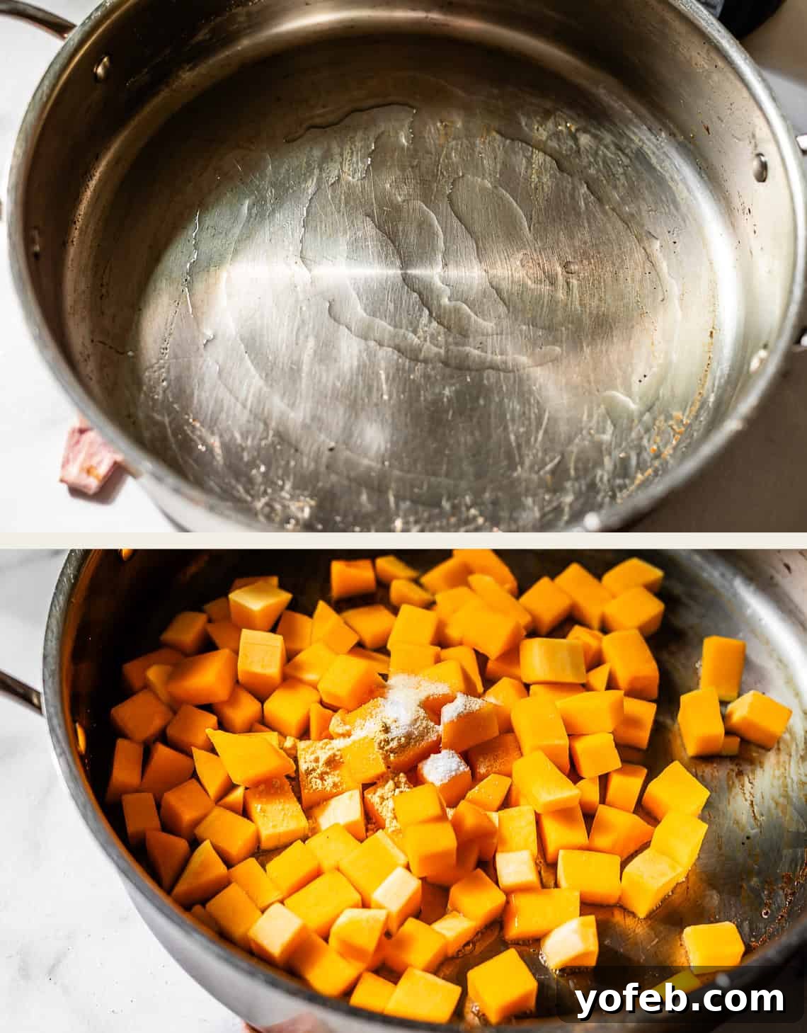 Butternut Bliss Tortellini 13 Two images: the top shows an empty, oiled stainless steel pan; the bottom shows the same pan now filled with cubed butternut squash and a sprinkle of salt.