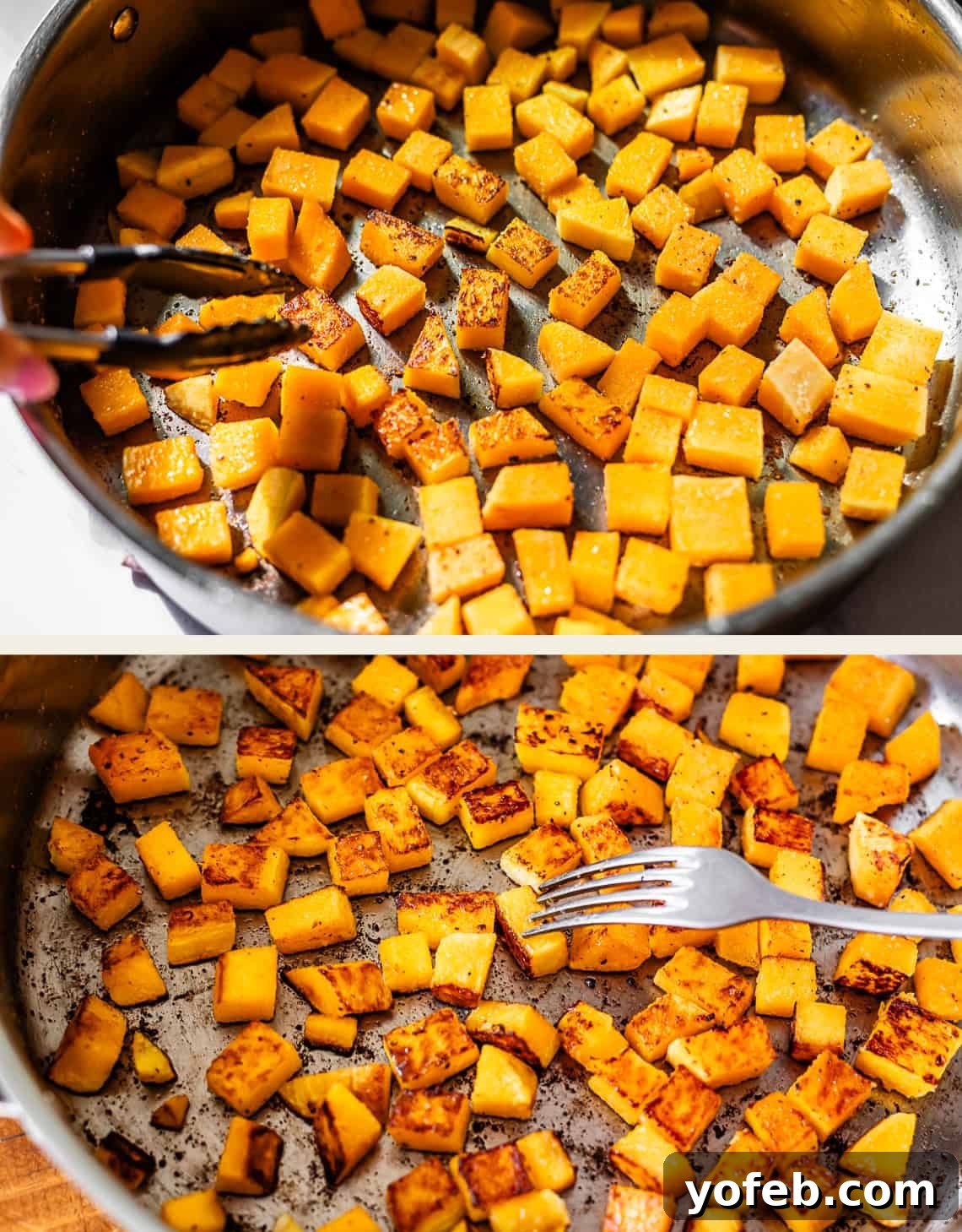 Butternut Bliss Tortellini 14 Two images show cubed butternut squash being cooked in a skillet. In the top image, someone uses tongs to stir the squash; in the bottom image, a fork is used to check the browned, cooked pieces.