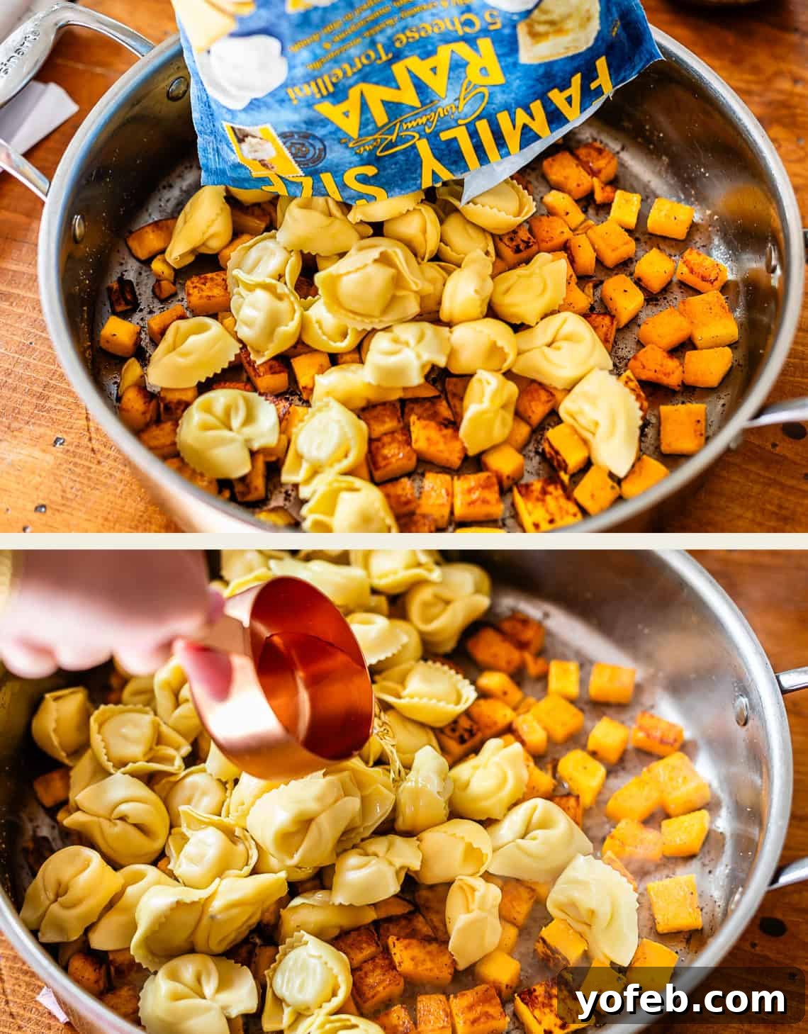 Butternut Bliss Tortellini 15 Two images: The top shows tortellini being poured from a bag into a skillet with browned cubes of butternut squash; the bottom shows water being added to the skillet with tortellini and squash.
