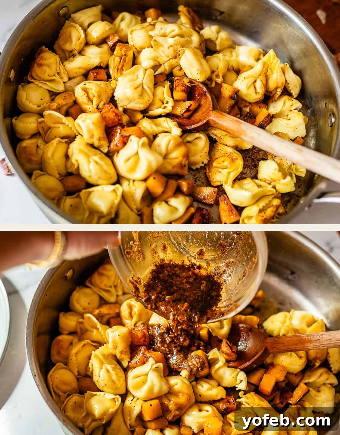 Butternut Bliss Tortellini 16 Top image: Cheese tortellini and roasted vegetables in a pot with a wooden spoon. Bottom image: A hand pours a spice and oil mixture into the pot of tortellini and vegetables.