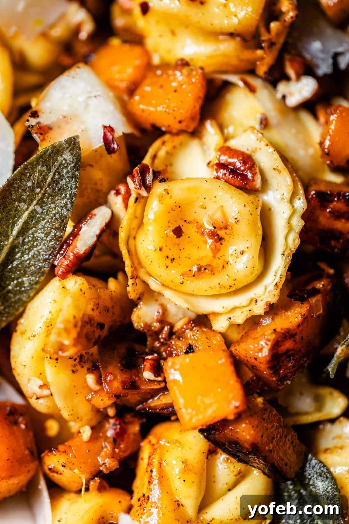Butternut Bliss Tortellini 4 Close-up of tortellini pasta mixed with roasted butternut squash, pecans, and fresh sage leaves, all seasoned with spices. The dish looks warm, colorful, and garnished with crunchy nuts.