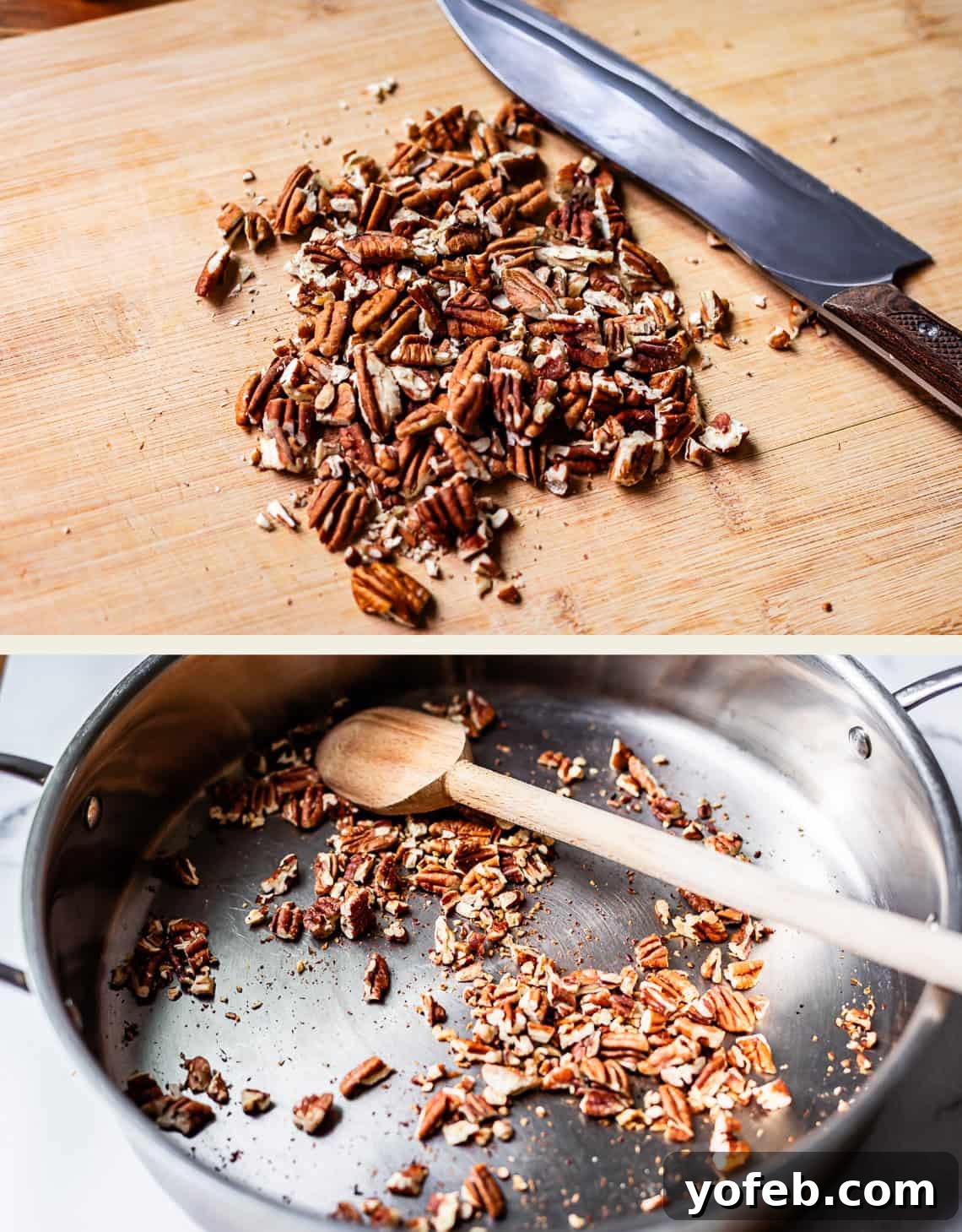 Butternut Bliss Tortellini 7 Top: Chopped pecans and a knife on a wooden cutting board. Bottom: Chopped pecans being toasted in a saucepan with a wooden spoon.