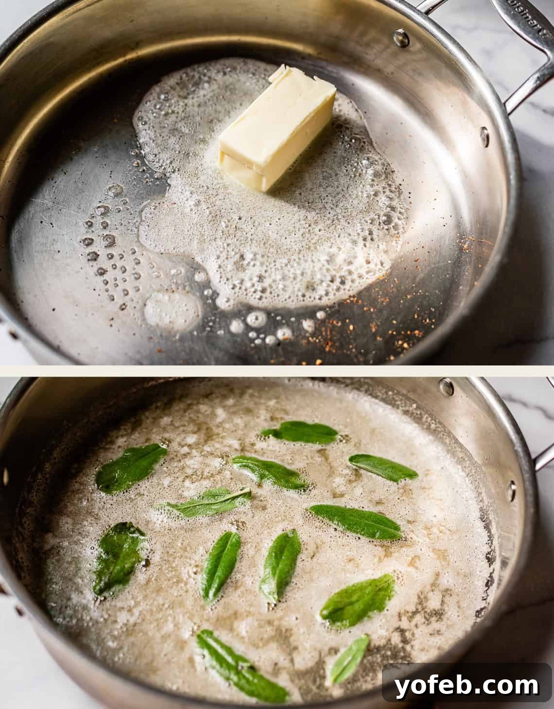 Butternut Bliss Tortellini 8 Two photos: the top shows a stick of butter melting in a stainless steel pan; the bottom shows sage leaves simmering in the browned, foamy butter in the same pan.