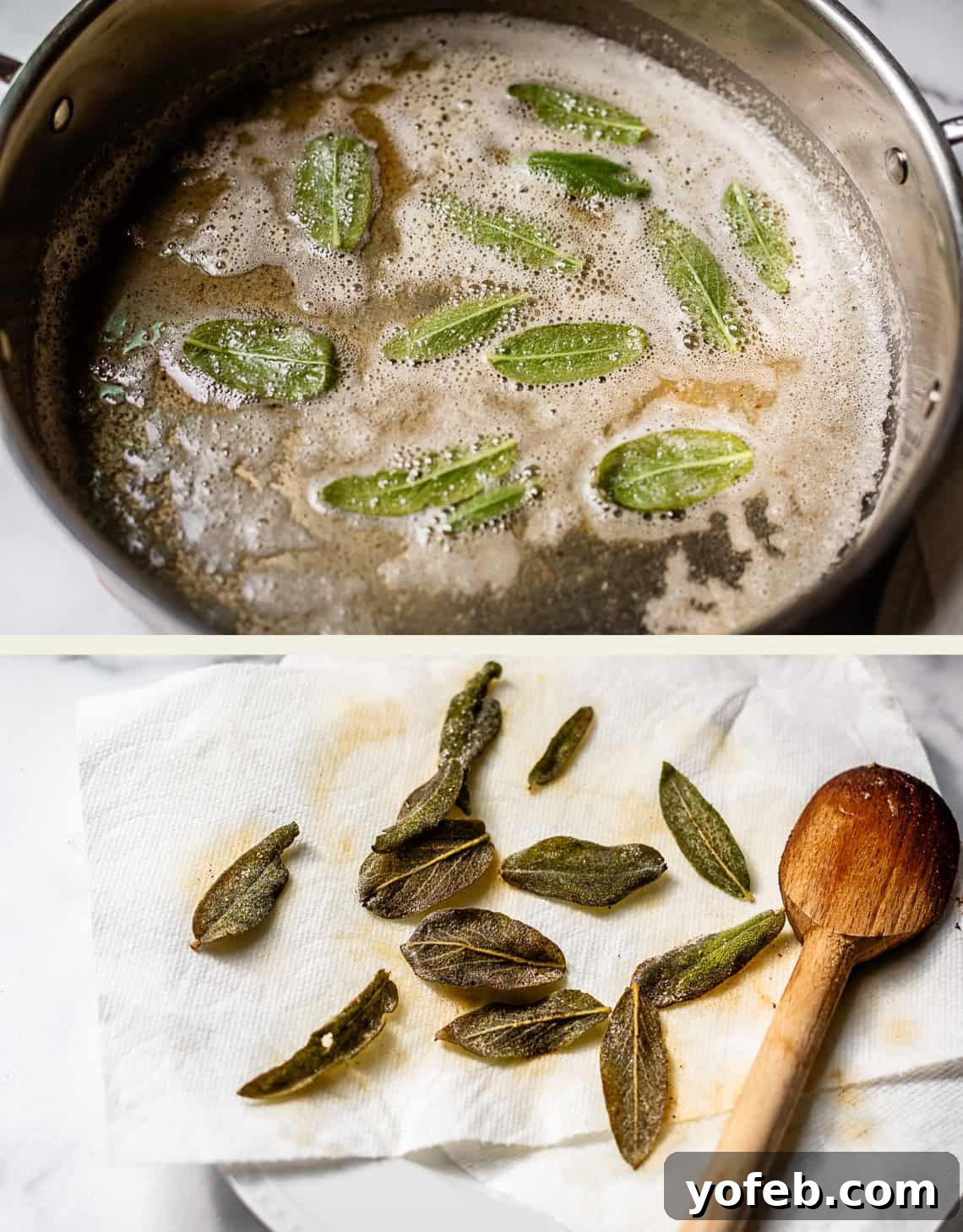 Butternut Bliss Tortellini 9 A split image: the top shows fresh sage leaves frying in bubbling brown butter in a pan; the bottom shows crispy fried sage leaves draining on a paper towel next to a wooden spoon.