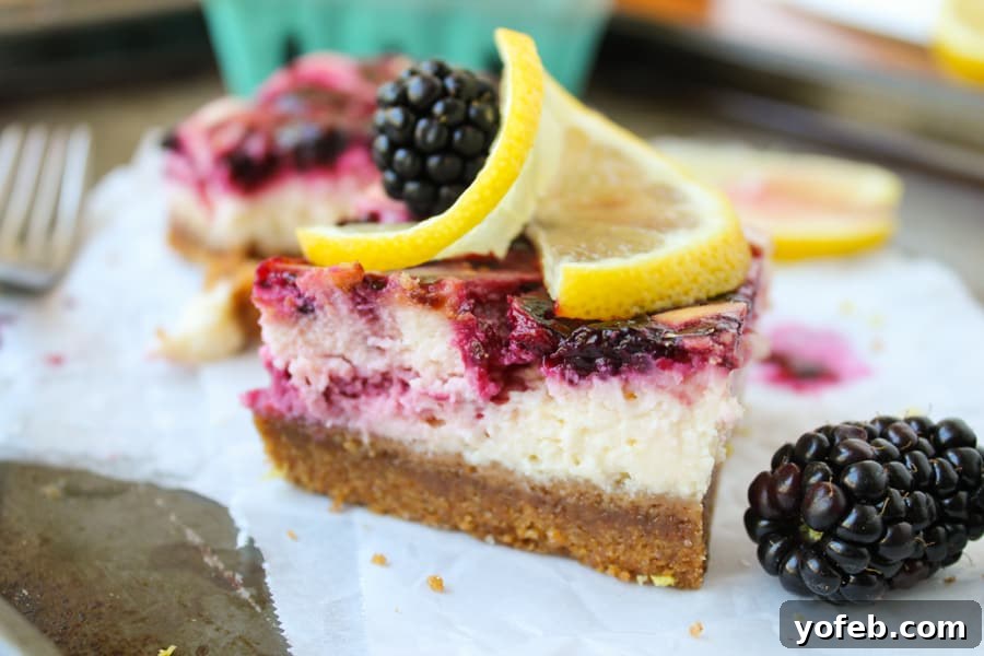 Zesty Lemon Blackberry Squares 6 A close-up, top-down view of a blackberry lemon cheesecake bar, showing the intricate swirl of purple and yellow.