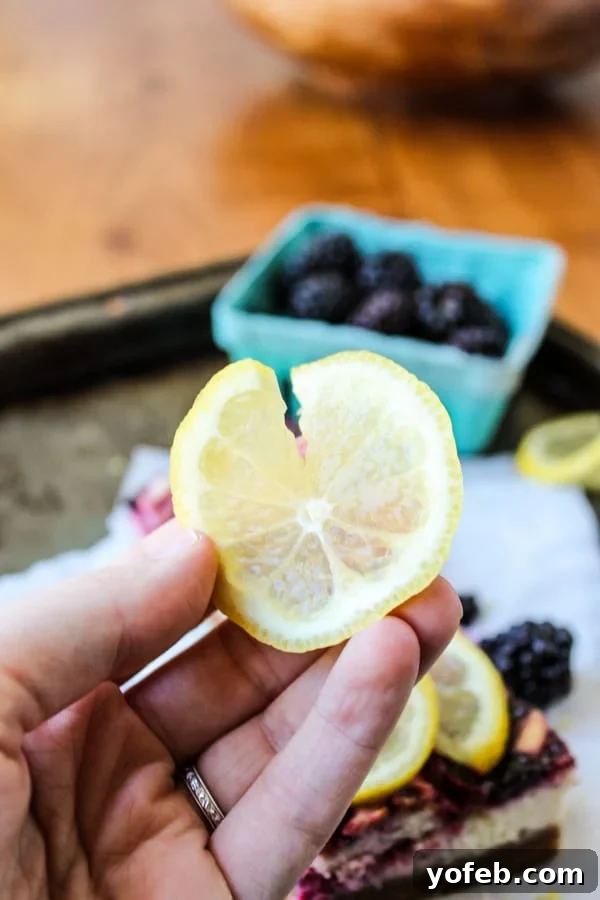 Zesty Lemon Blackberry Squares 7 A hand holding a thinly sliced lemon with a slit cut into it, demonstrating how to make a twisted garnish.
