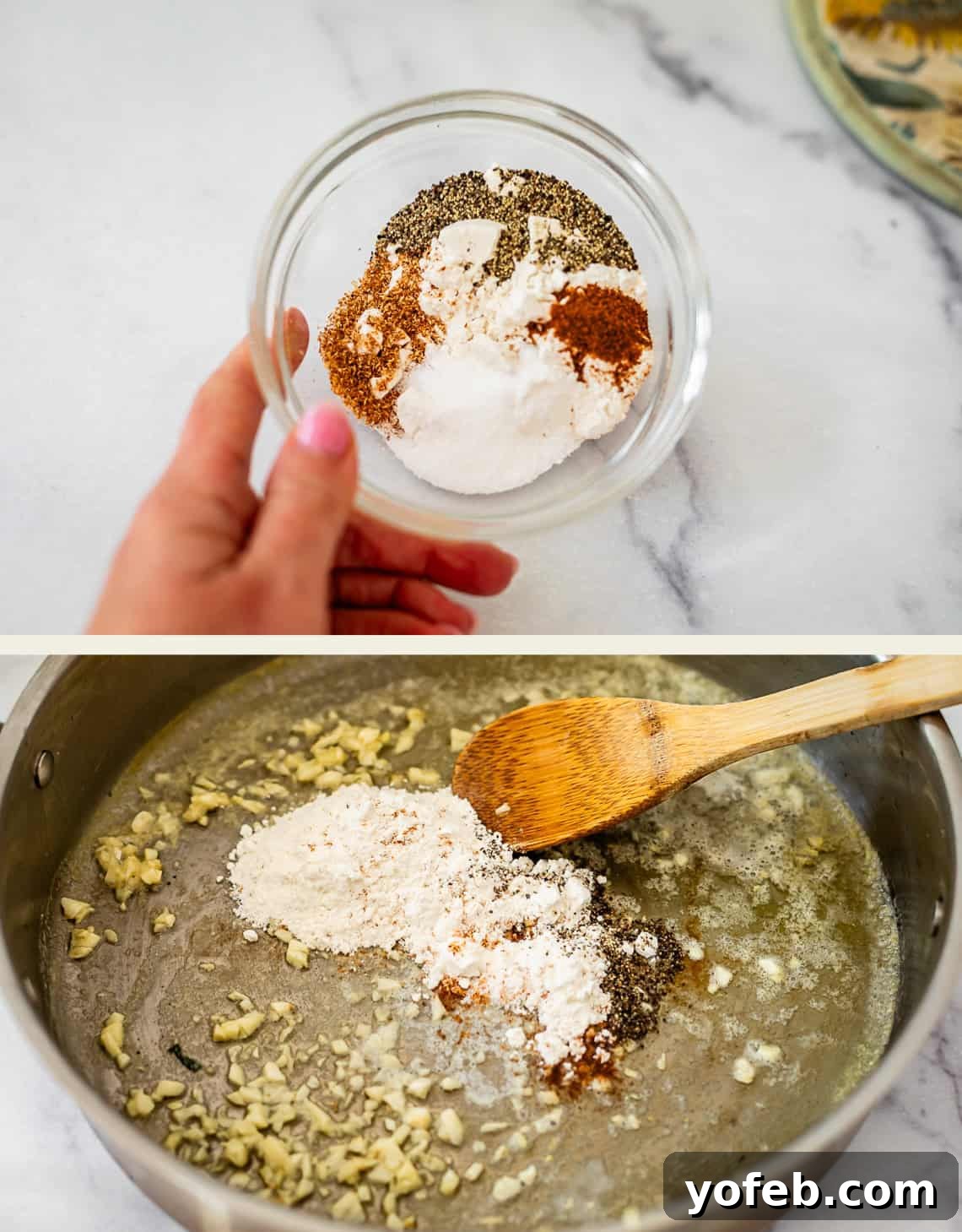 Creamy Golden Butternut Lasagna 11 Top: A hand holds a small bowl with a mix of spices and seasonings. Bottom: The spice mix is being added to sautéed garlic in a pan with melted butter, stirred with a wooden spoon.