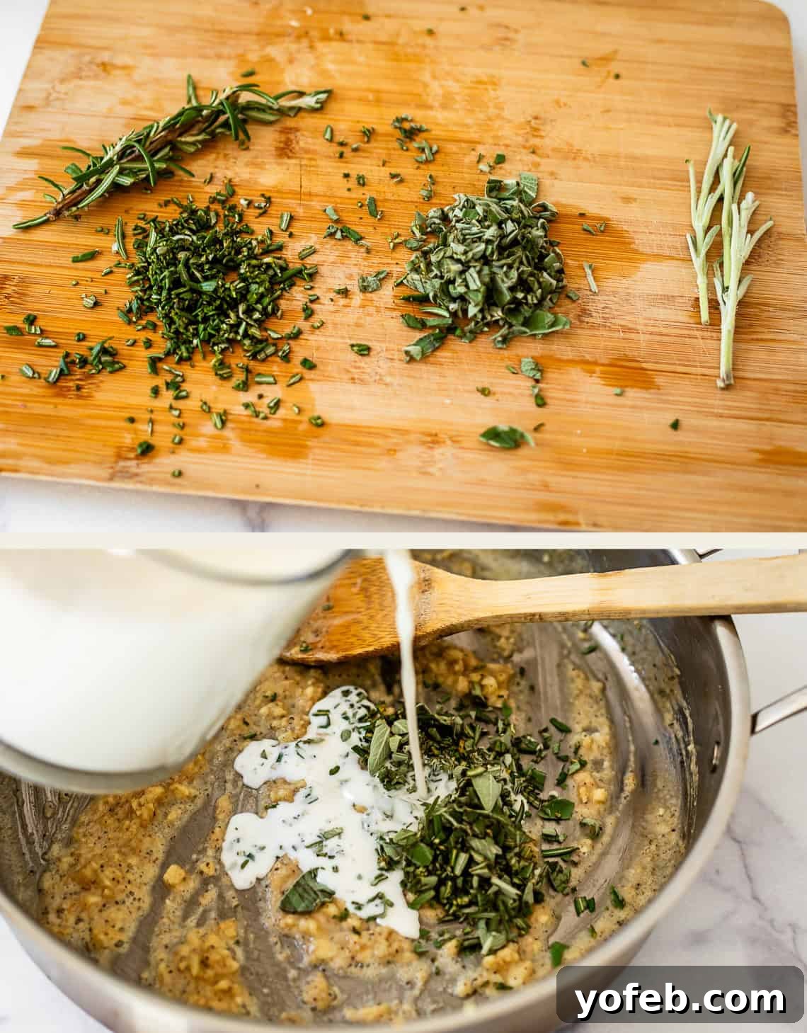 Creamy Golden Butternut Lasagna 12 Chopped fresh herbs on a wooden cutting board and milk being poured into a pan with sautéed herbs and a wooden spoon.