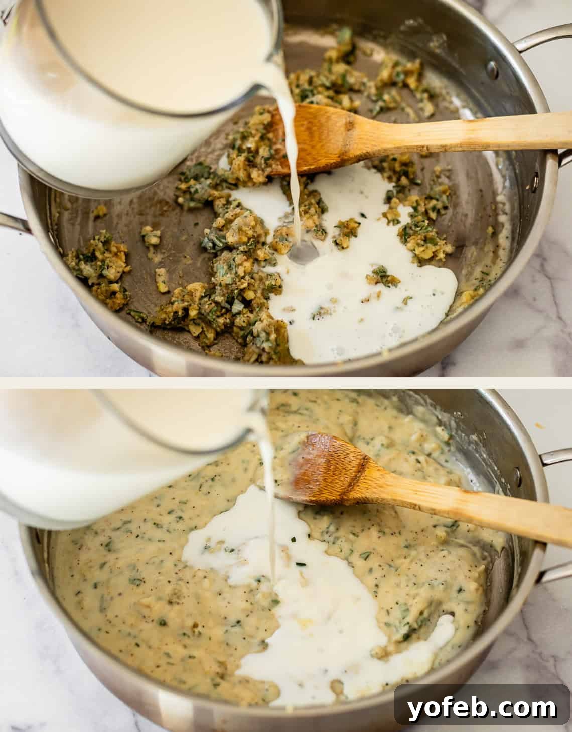 Creamy Golden Butternut Lasagna 13 Two images: the first shows milk being poured into a skillet with a browned mixture and a wooden spoon; the second shows the milk being stirred in, creating a creamy sauce.