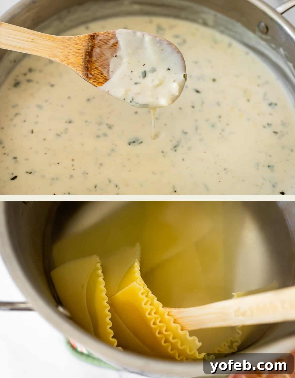 Creamy Golden Butternut Lasagna 14 A two-part image: the top shows a wooden spoon lifting creamy, herb-flecked sauce from a pot; the bottom shows lasagna noodles being stirred in a pot of boiling water with a wooden spoon.