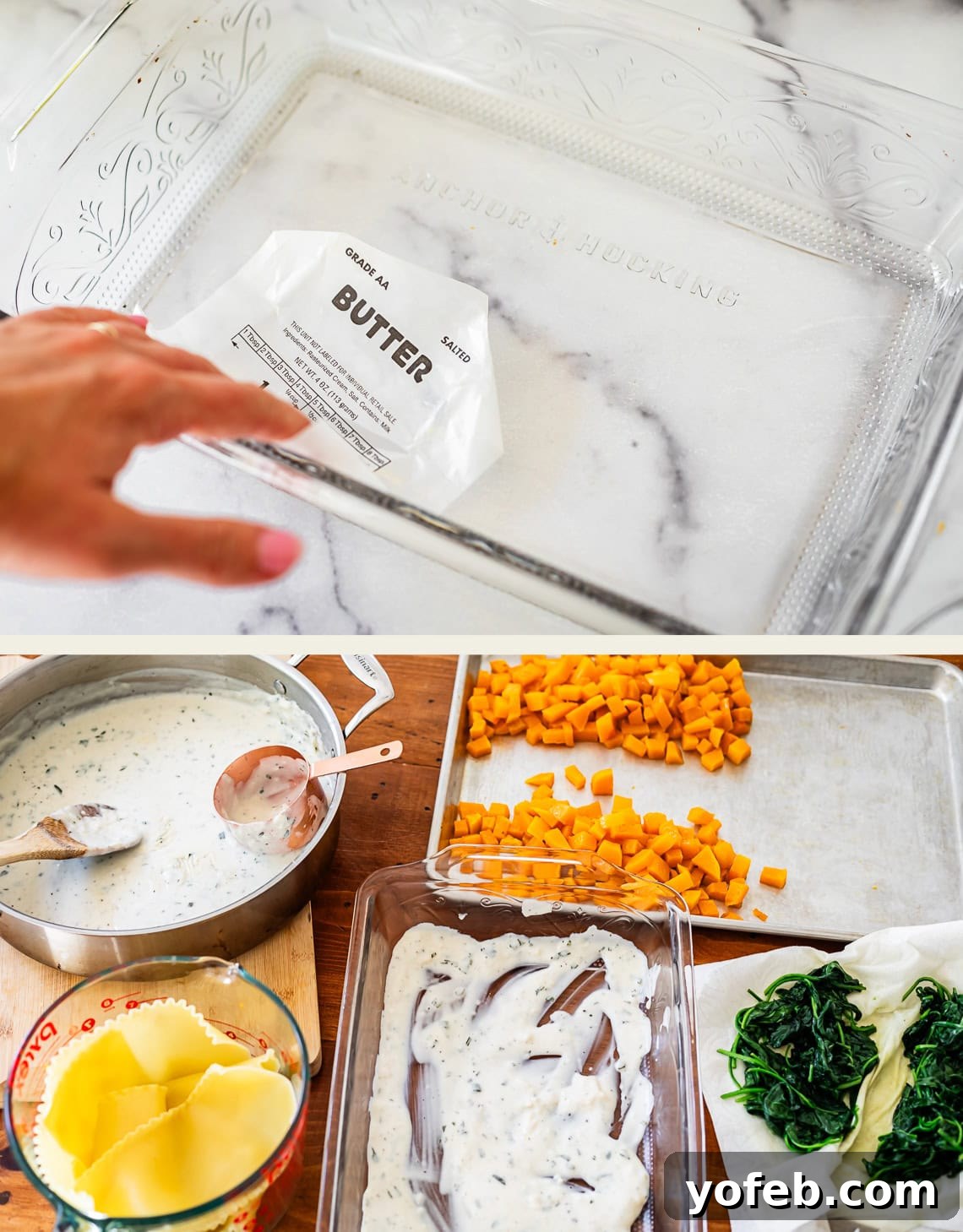 Creamy Golden Butternut Lasagna 15 Top: A hand uses a butter wrapper to grease a clear glass baking dish. Bottom: A casserole dish with white sauce, a pot of sauce with a spoon, chopped butternut squash, spinach, and uncooked lasagna noodles on a table.