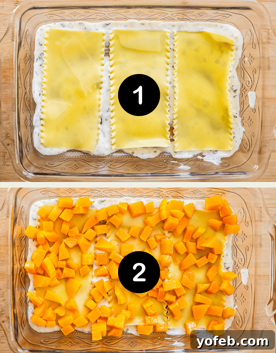 Creamy Golden Butternut Lasagna 16 Two-step lasagna assembly: image 1 shows uncooked lasagna noodles covered with sauce in a glass dish; image 2 shows the noodles topped with a layer of cubed butternut squash.