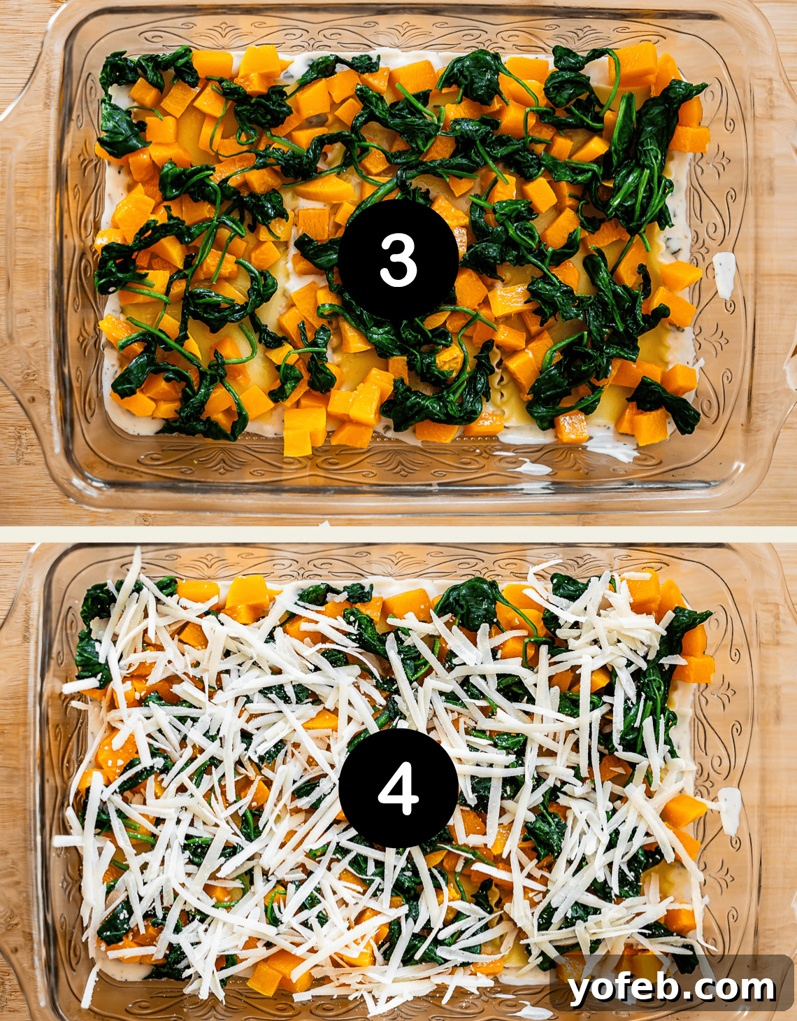 Creamy Golden Butternut Lasagna 17 Two glass baking dishes side by side. The top has a layer of butternut squash and spinach (labeled 3). The bottom has the same layer topped with shredded cheese (labeled 4). Both are on a wooden surface.