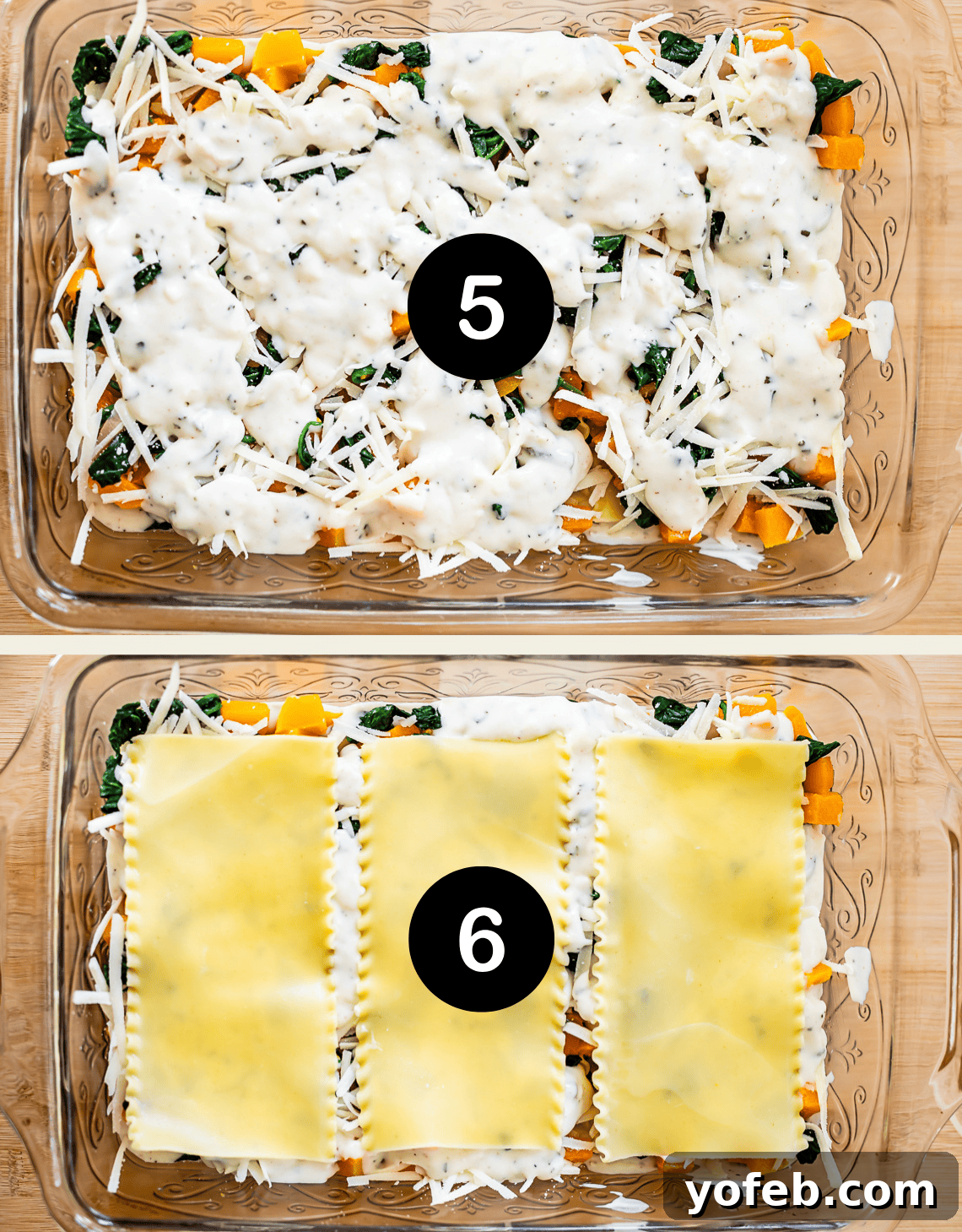 Creamy Golden Butternut Lasagna 18 Top image: A glass baking dish with mixed vegetables, shredded cheese, and white sauce. Bottom image: Three uncooked lasagna noodles placed evenly over the vegetable mixture in the same dish.