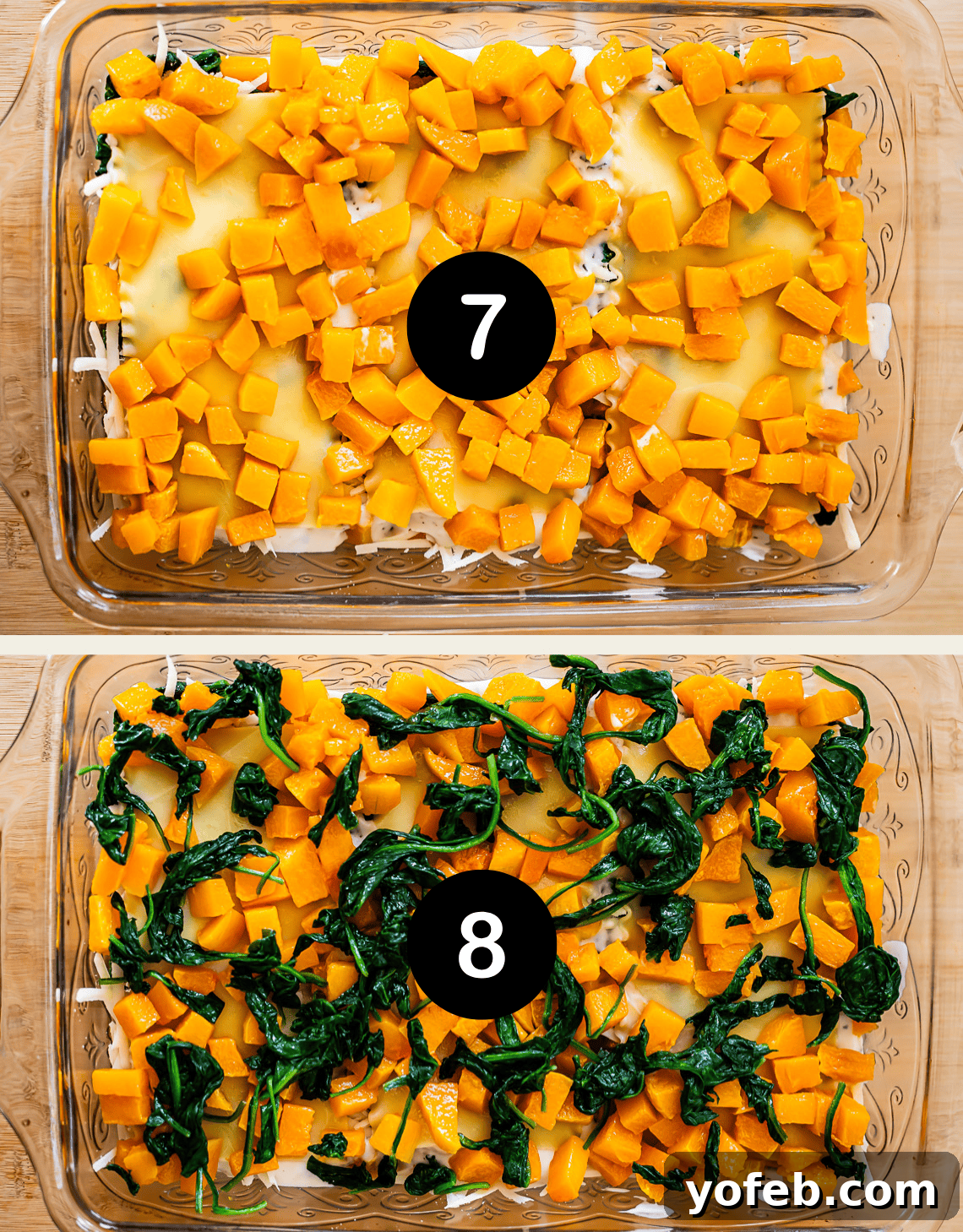 Creamy Golden Butternut Lasagna 19 Two glass baking dishes are shown. The top dish (labeled 7) has a layer of diced butternut squash over melted cheese. The bottom dish (labeled 8) adds cooked spinach on top of the squash and cheese layer.